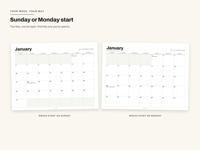The 2027 Pencil Flower Calendar: Sunday or monday
