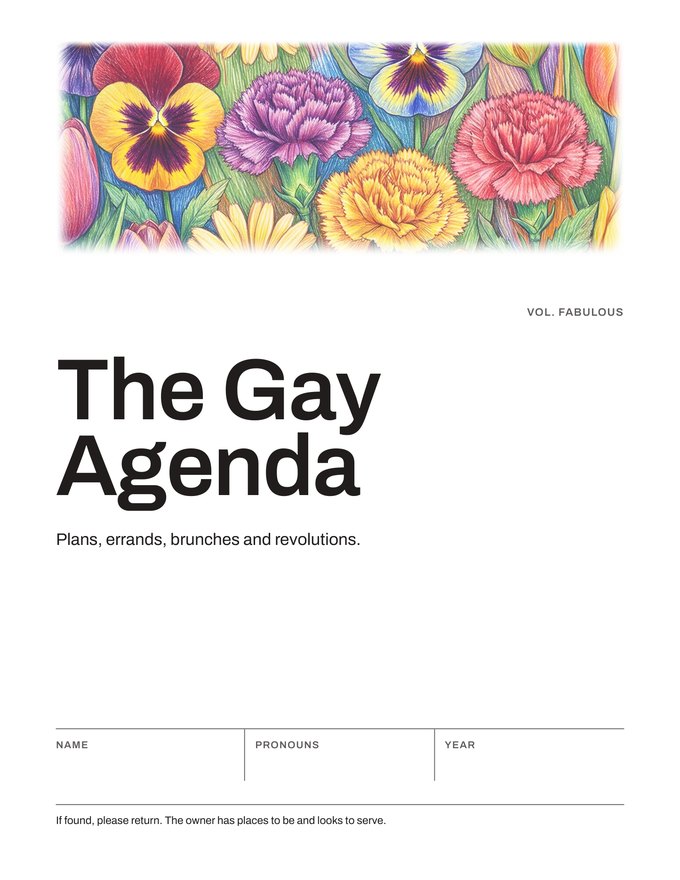 The Gay Agenda cover, a band of colored-pencil flowers
