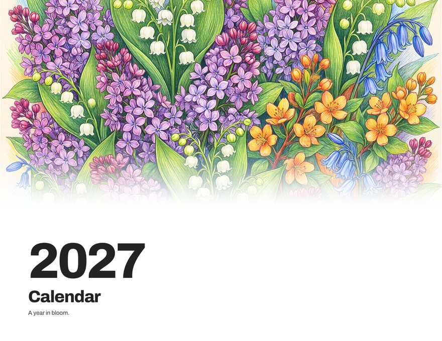 The 2027 Pencil Flower Calendar cover, colored-pencil lilacs and lily of the valley