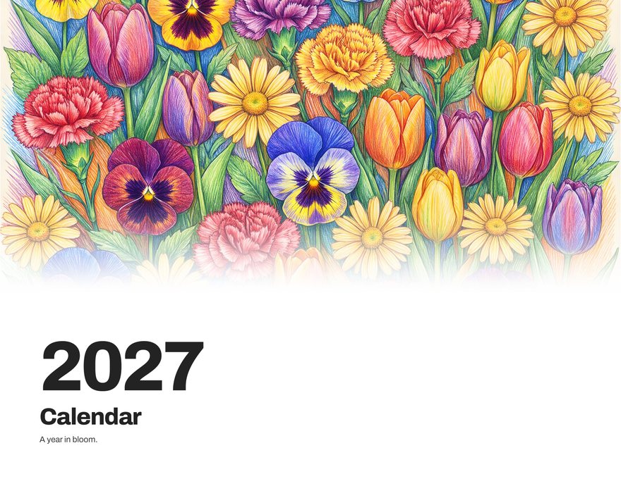 The 2027 Queer Pencil Flower Calendar cover, colored-pencil tulips, pansies and daisies